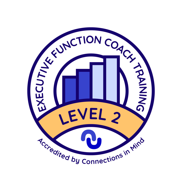 Accreditation badge Logo for Level 2 Executive Function Coach Training, featuring a bar graph and circular design.
