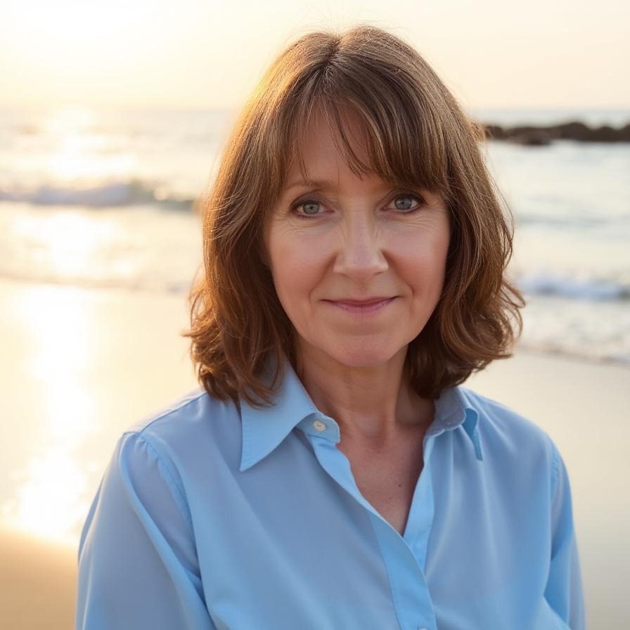 Website owner Angela Joyce Woman in a blue shirt stands by a beach at sunset.